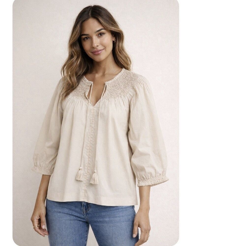 Evereve Smocked Blouse Neutral Beige Boho Peasant Top Size M NEW